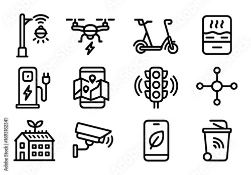 Smart city linear icon set. featuring streetlight, drone, scooter, fridge, charger, navigation, traffic, network.