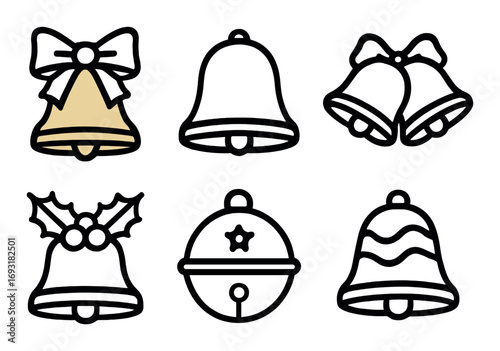 Christmas bells linear icon set. featuring holiday, festive, holly, ribbon, and jingle bell designs.