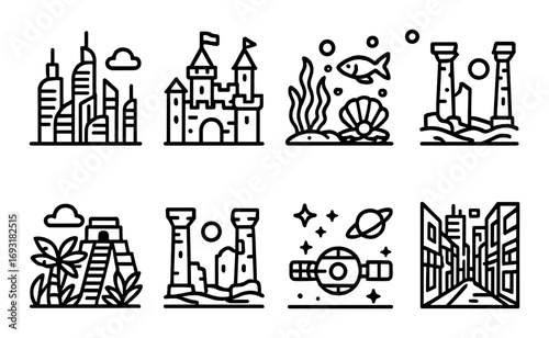 Travel landmarks linear icon set. featuring skyscraper, castle, aquarium, towers, pyramid, observatory, and cityscape symbols.