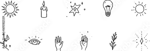 Minimalist line art collection: sun, candle, lantern, and more for bohemian aesthetic design
