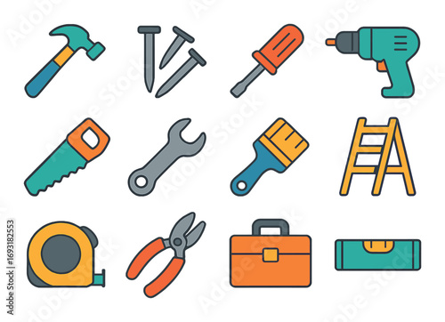 Tools flat icon set. featuring hammer, nails, screwdriver, drill, saw, wrench, paintbrush, ladder, tape measure, pliers, toolbox.