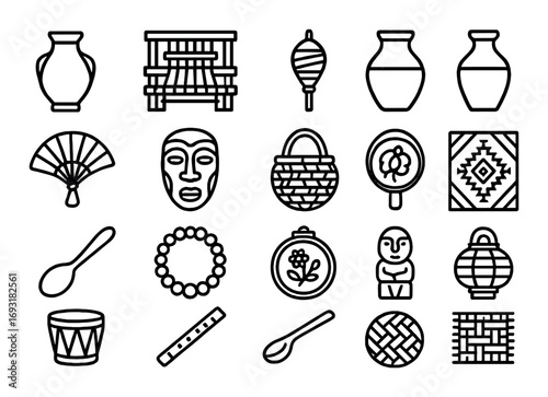 Cultural artifacts linear icon set. featuring pottery, weaving, mask, fan, drum, flute, basket, spoon, doll, and lantern.