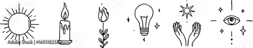 Minimalist line art collection featuring sun, candle, lantern, and spiritual symbols for design and decor