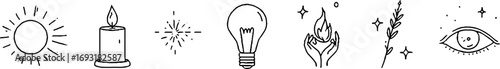 Minimalist line art collection featuring sun, candle, lantern, and spiritual symbols for aesthetic design