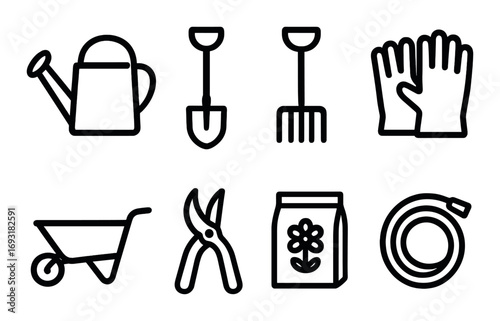 Gardening tools silhouette icon set. featuring watering can, shovel, rake, gloves, wheelbarrow, pruner, fertilizer, hose.