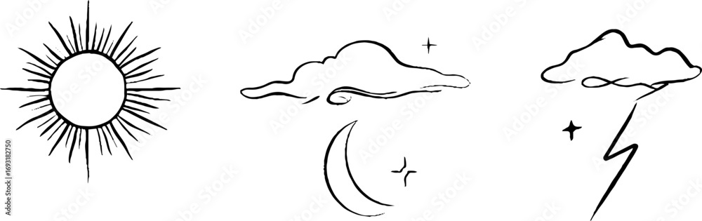 Fototapeta premium Minimalist boho line art set of sun, moon, stars, and clouds for aesthetic design