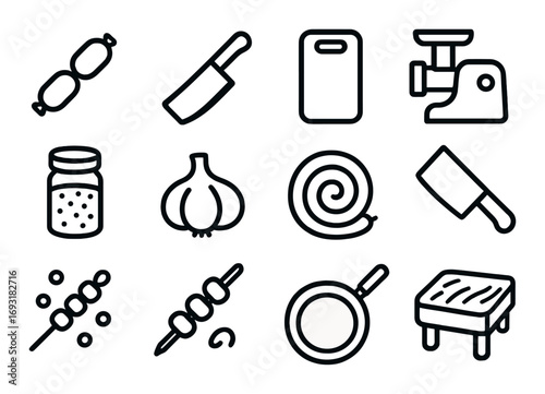 Cooking utensils linear icon set. featuring grinder, chopping board, garlic, knife, cutting board, pan, and seasoning container.