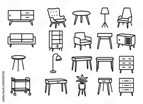 Furniture linear icon set. featuring sofa, chair, table, lamp, cabinet, plant, and cart icons.
