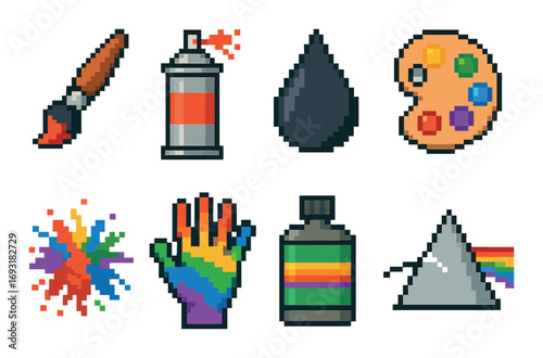 Art supplies pixel icon set. featuring paintbrush, spray can, ink drop, palette, splash, glove, paint tube, cone..