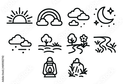 Nature and weather linear icon set. featuring sunrise, rainbow, clouds, moon, rain, landscape, river, lantern, rock.