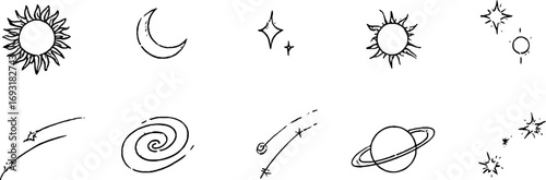 Celestial minimalist line art collection featuring sun, moon, stars, and comets for cosmic design