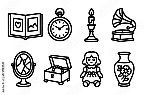 Antique items linear icon set. featuring photo album, pocket watch, candle, gramophone, mirror, jewelry box, doll, and vase.