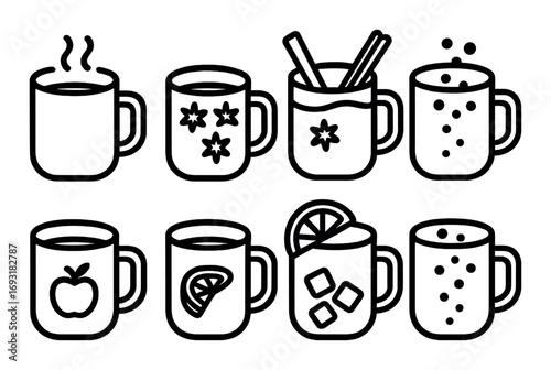 Food and drink linear icon set. featuring coffee, tea, eggnog, hot chocolate, cider, lemonade.