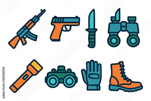 Military equipment flat icon set. featuring rifle, pistol, knife, binoculars, flashlight, tank, glove, and boot symbols.