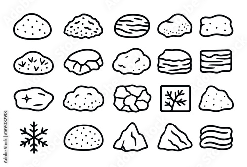 Geology silhouette icon set. featuring sand, stone, pebble, rock, crystal, boulder, and flint symbols.