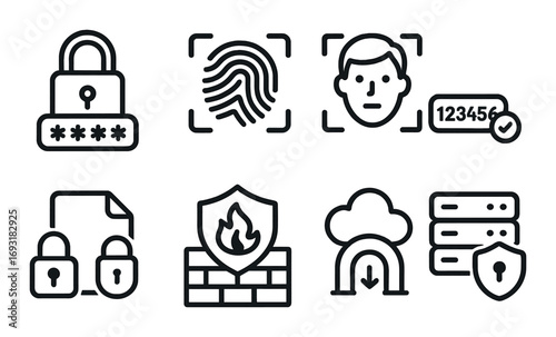Cybersecurity flat icon set. featuring padlock, fingerprint, face id, password, and firewall symbols.