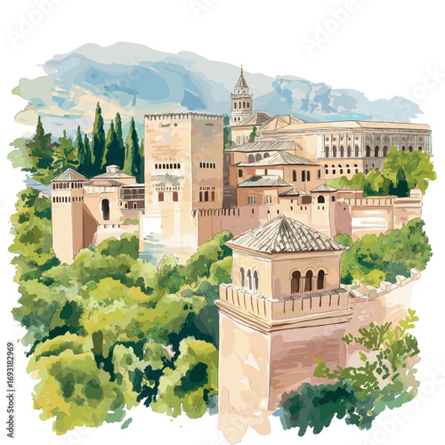 Alhambra. Alhambra watercolor vector illustration