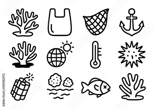 Environmental impact silhouette icon set. featuring coral, plastic bag, fishnet, anchor, globe, thermometer, fish, and pollution symbols.