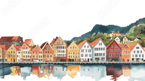 Bryggen Wharf. Bryggen Wharf watercolor vector illustration