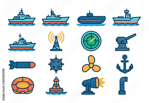 Nautical warfare flat icon set. featuring ship, submarine, radar, missile, anchor, lifesaver, and buoy symbols.