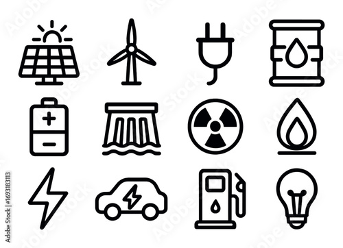 Energy and power linear icon set. featuring solar, wind, plug, oil barrel, battery, dam, nuclear, flame, lightning, electric car, fuel pump, bulb.