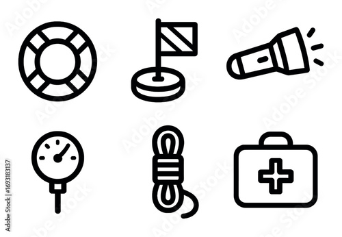 Emergency equipment linear icon set. featuring lifebuoy, flag, flashlight, gauge, rope, and first aid kit symbols.