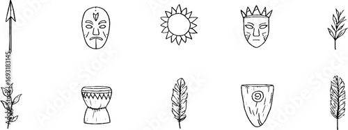 Minimalist line art collection of tribal masks and ethnic ornaments for decor and crafts