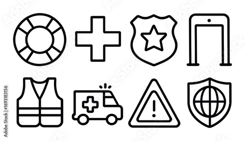 Emergency services linear icon set. featuring life preserver, first aid, police badge, metal detector, safety vest.