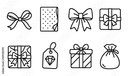 Gift and wrapping silhouette icon set. featuring bow, paper, tag, diamond, present, and sack symbols.