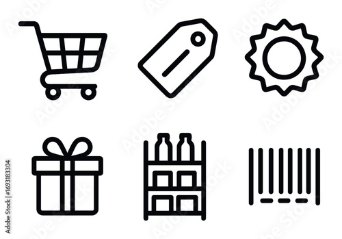 Shopping essentials linear icon set. featuring cart, tag, sun, gift, shelf, and barcode symbols.