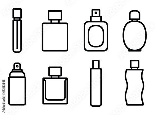 Perfume bottles linear icon set. featuring spray, atomizer, fragrance, cologne, and vial symbols.