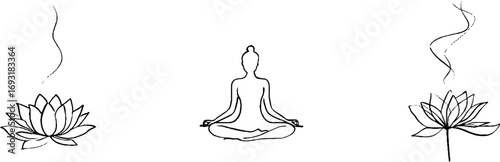 Minimalist line art set featuring yoga pose and lotus flower for wellness design