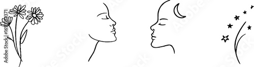 Elegant minimalist line art of woman with flowers and celestial elements for design