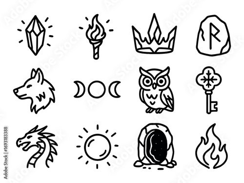Magic and fantasy linear icon set. featuring crystal, torch, crown, rune, wolf, moon, owl, and key symbols.
