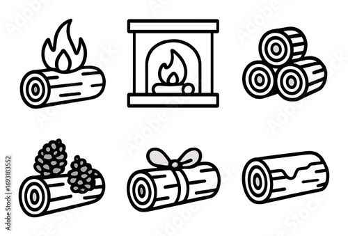 Winter wood logs linear icon set. featuring firewood, fireplace, stacked logs, pinecones, gift, chopped log