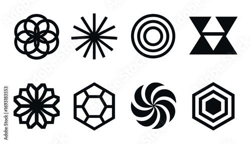 Geometric shapes silhouette icon set. featuring flower, spiral, circle, hexagon, sunburst, and hexagram designs.