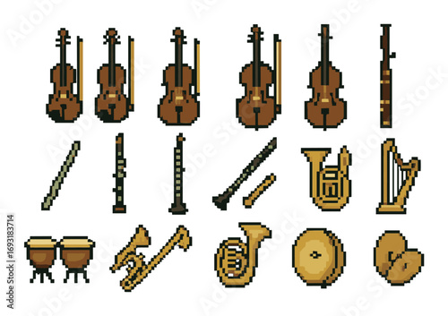 Orchestra instruments pixel icon set. featuring violin, cello, flute, clarinet, trumpet, and harp.