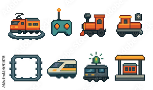 Transportation pixel art icons set. featuring train, controller, rail, and station symbols.