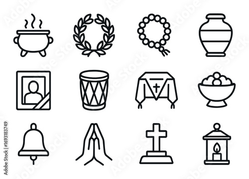 Funeral and memorial linear icons set. featuring wreath, urn, prayer, grave, candle, and more symbols.