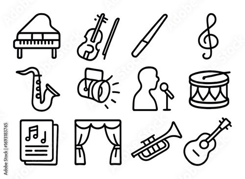 Music instruments silhouette icon set. featuring piano, violin, saxophone, trumpet, guitar, drum, and notes.