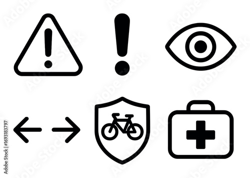 Safety silhouette icon set. featuring warning, alert, surveillance, direction, cycling, and first-aid symbols.