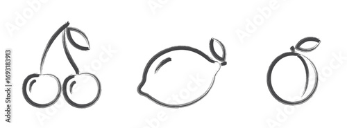 Minimalist black and white illustration featuring three fruits cherries, a lemon, and plum drawn with expressive brushstrokes