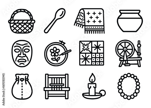 Traditional craft linear icon set. featuring basket, spoon, rug, pot, mask, embroidery, quilt, and spinning wheel symbols.