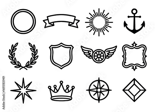 Heraldry and navigation silhouette icon set. featuring badge, banner, shield, compass, crown, and star symbols.