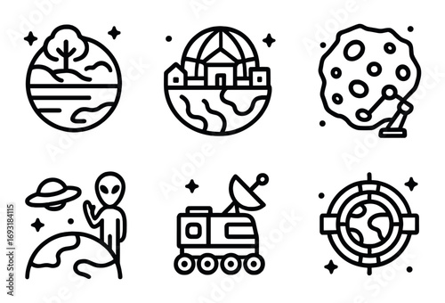 Space exploration linear icon set. featuring planet, observatory, asteroid, alien, rover, satellite symbols.