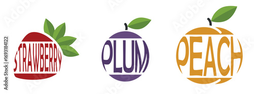 Stylized fruit illustration featuring a strawberry, plum, and peach, each with its name written inside the fruit shape in matching colors