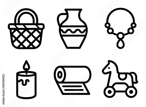 Medieval linear icons set. featuring basket, vase, necklace, candle, scroll, and toy horse symbols.