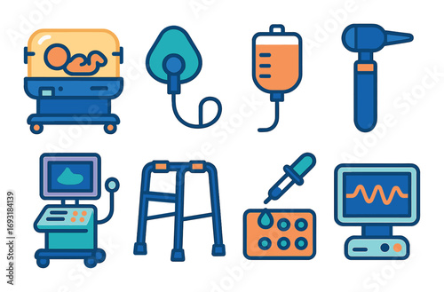 Medical equipment silhouette icon set. featuring incubator, mask, iv bag, otoscope, ultrasound, walker, pipette, monitor.
