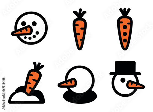 Winter silhouette icon set. featuring snowman, carrot, head, face, profile, top hat, nose, vegetable symbols.
