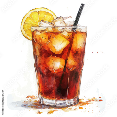 Iced Tea, watercolor drawing vector, isolated on a white background.